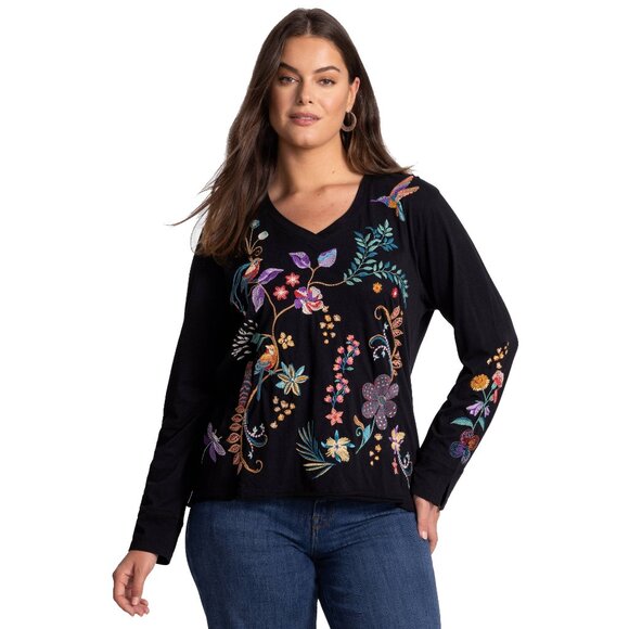 Johnny Was Belina Slit Sleeve Tee Cotton Embroidered Floral Shirt Black Top NEW - Picture 5 of 9